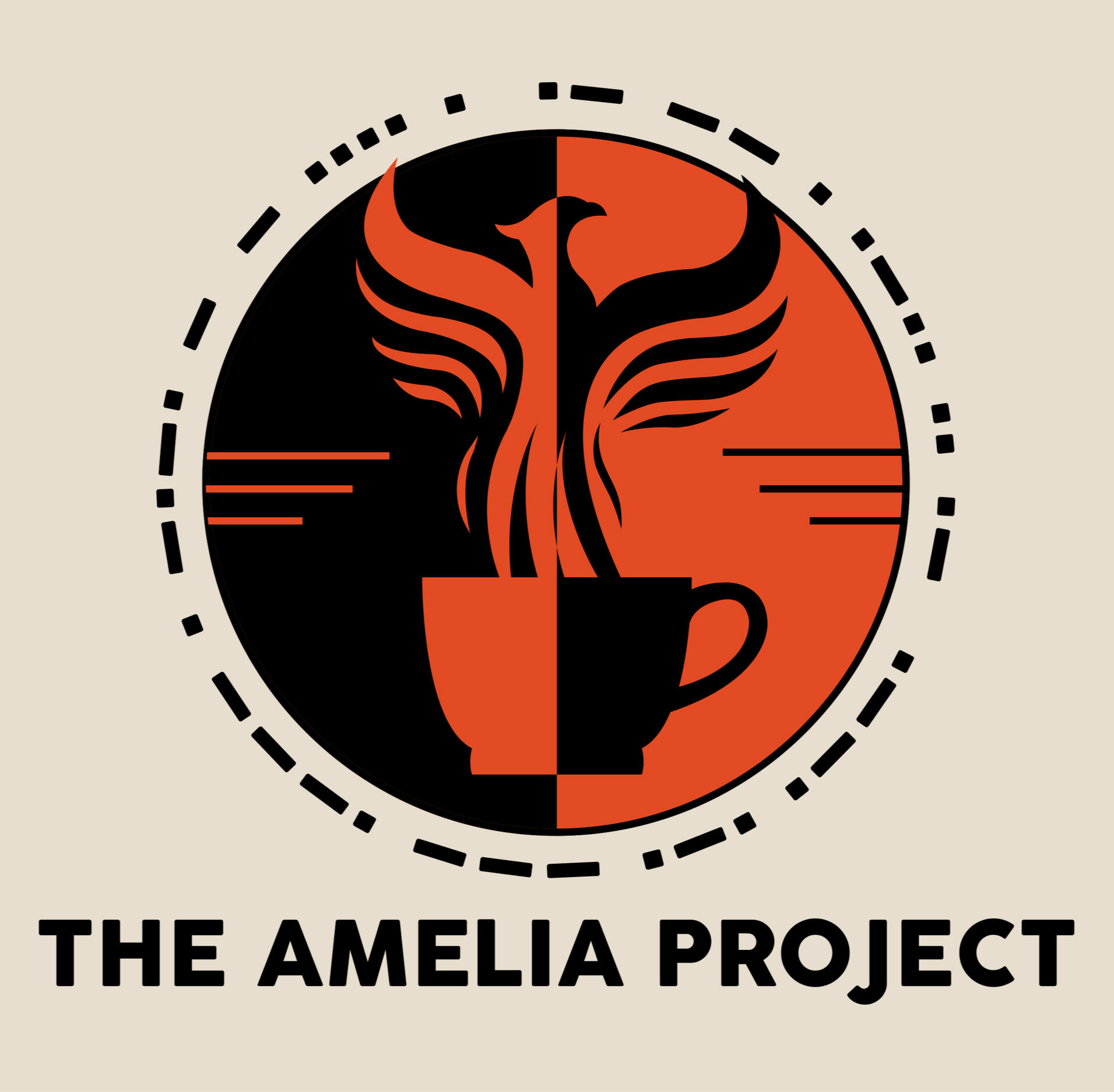 Official logo for The Amelia Project, featuring a cocoa mug with an image of a phoenix rising from the steam.