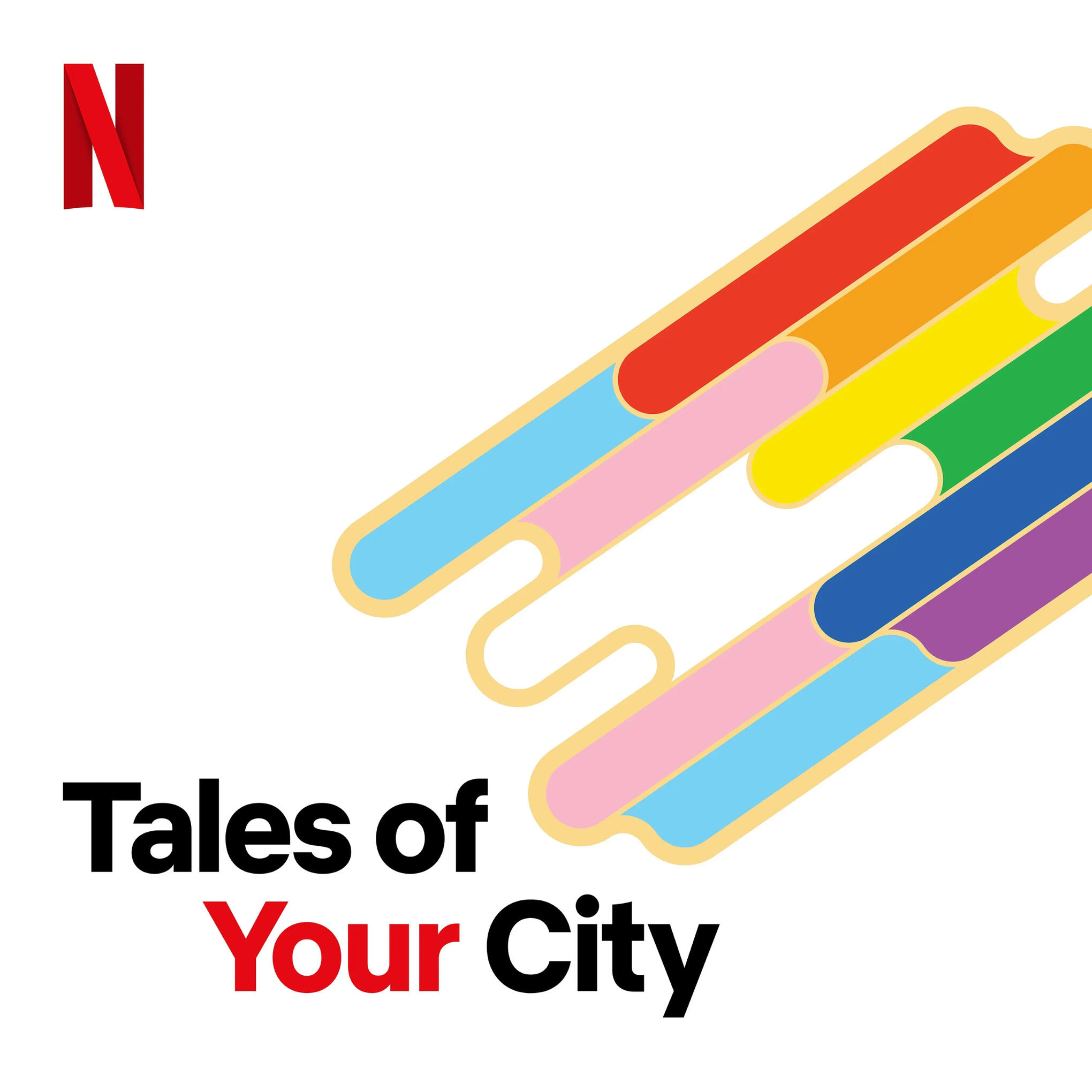 The official logo for the Tales of Your City podcast, featuring text on a white background, accompanied by color bars representing LGBTQ pride.