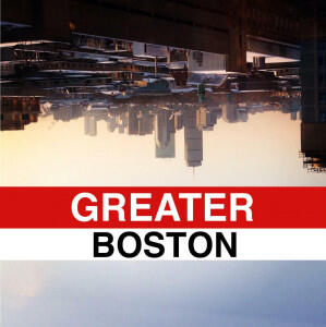 Logo tile for the Greater Boston podcast, featuring the title on red and white color bands in the style of The Red Line of the subway, imposed over an inverted image of the Boston skyline.