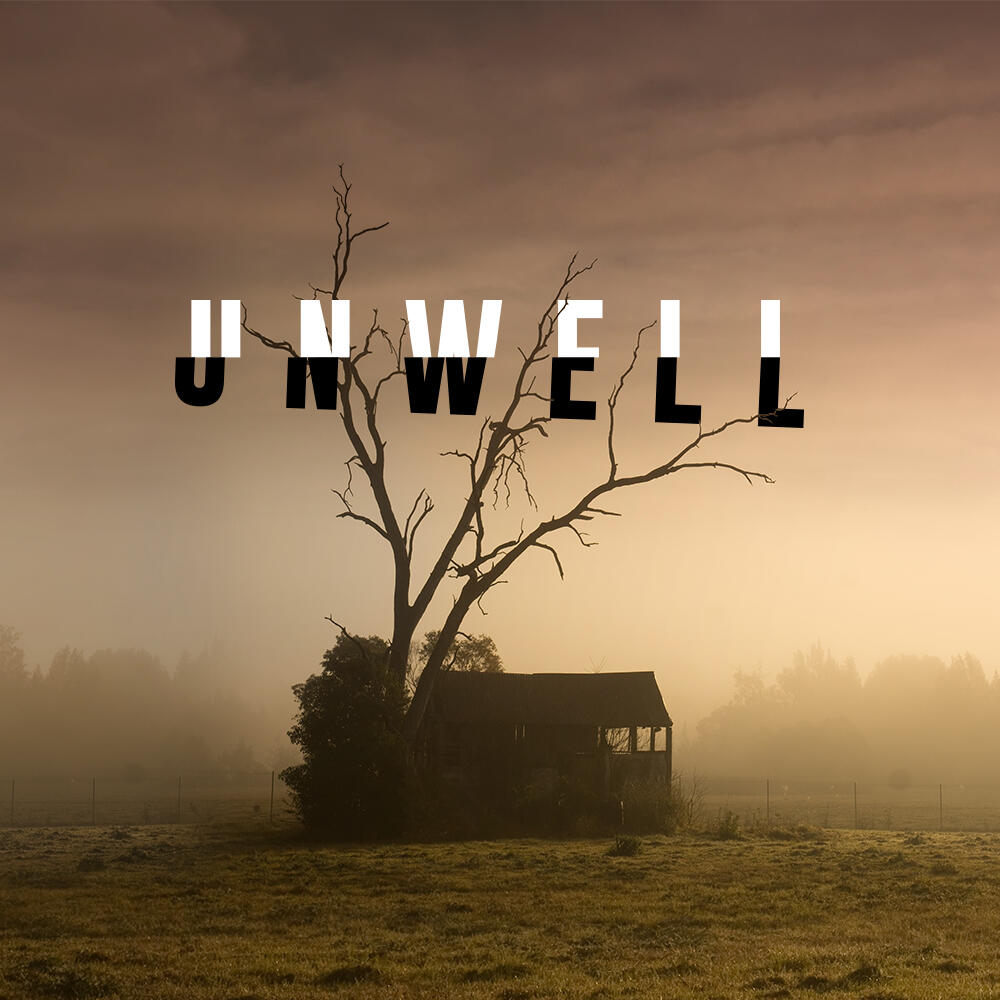 Podcast Logo for Unwell: A Midwestern Gothic Mystery, depicting an isolated shack beside an ominous leafless tree, in sepia tones.